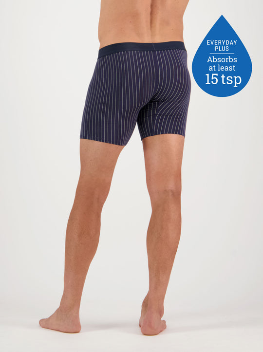 Confitex for Men leakproof long trunks for moderate bladder leakage in navy blue with a grey pinstripe - Back View .