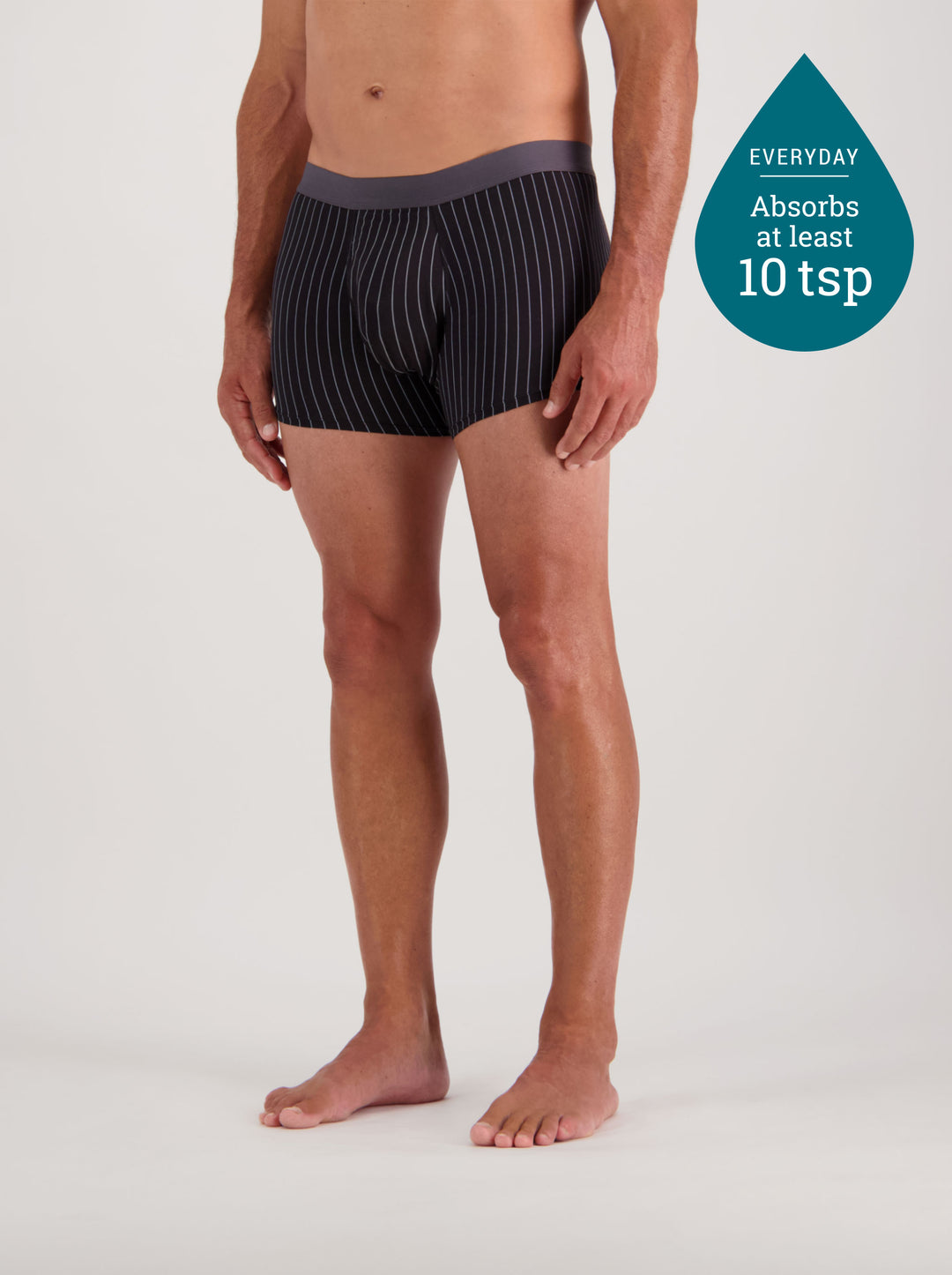 Confitex for Men incontinence underwear in black with grey pinstripe.